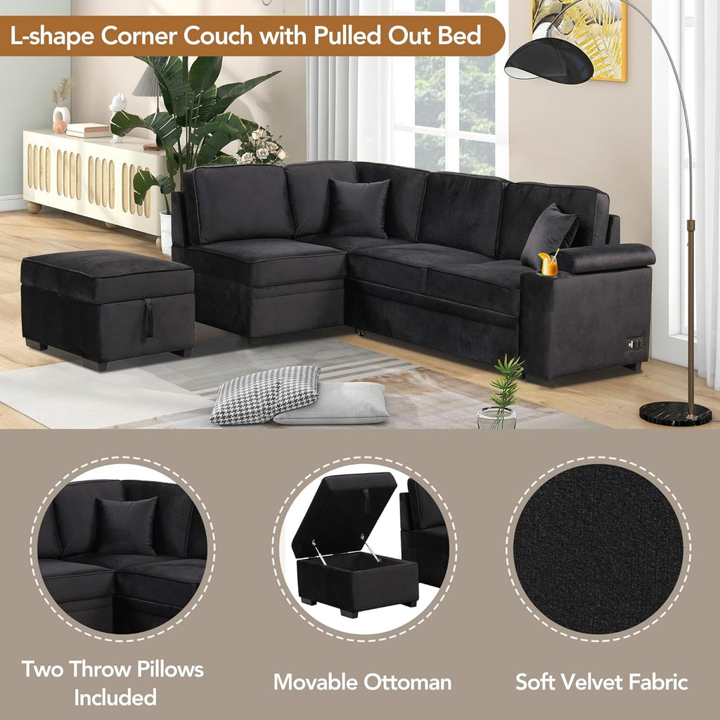 Black 2 in 1 Pull Out L Shape Sleeper Sofa Bed with Storage Ottoman D50902