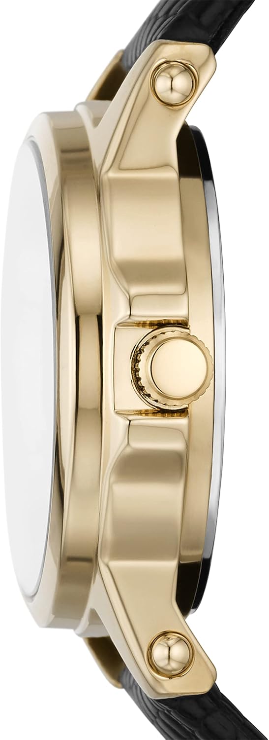 Gold Alloy Metal and Black Leather Band Watch E705954
