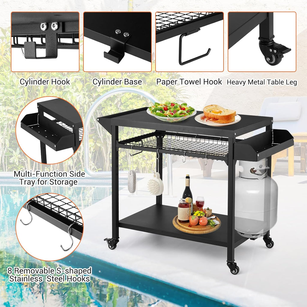 Black Outdoor Grill Cart with Mesh Racks H640
