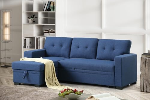 Blue Linen L Shaped Sectional Sofa with Pull Out Bed and Storage Chaise A474041