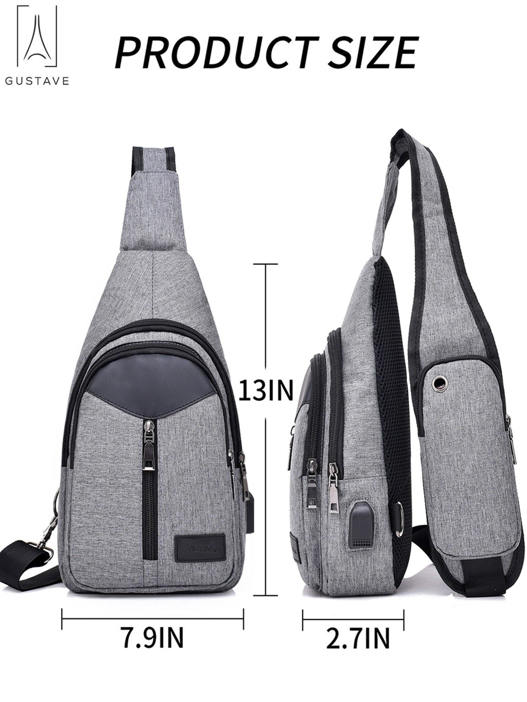 Black Nylon Chest Sling Bag with USB Charge Port T502678