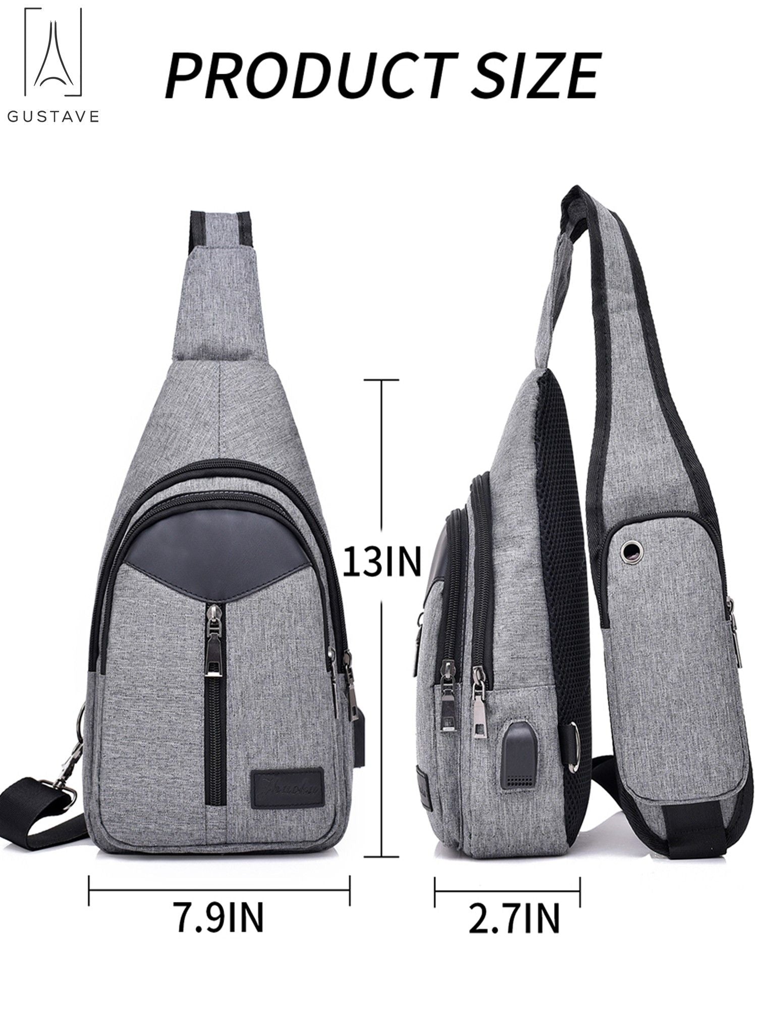 Black Nylon Chest Sling Bag with USB Charge Port T502678