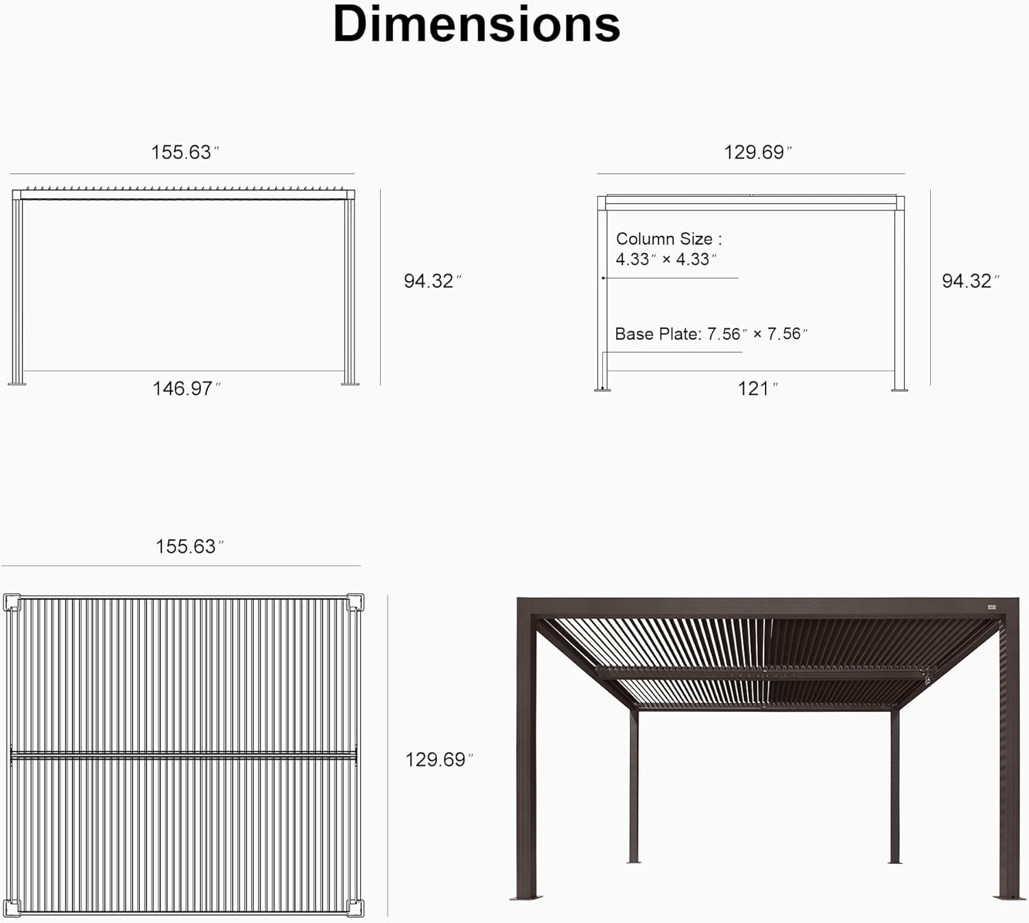11' × 13' Louvered Aluminum Pergola with Roller Blinds Y6486