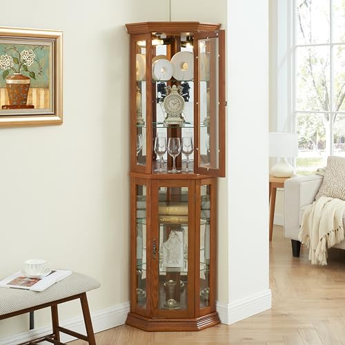 Lighted Corner Curio Display Cabinet with Adjustable Shelves & Mirrored Back H96391