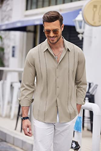 Mens Cuban Guayabera Button Down Long Sleeve Linen Shirt Z7048