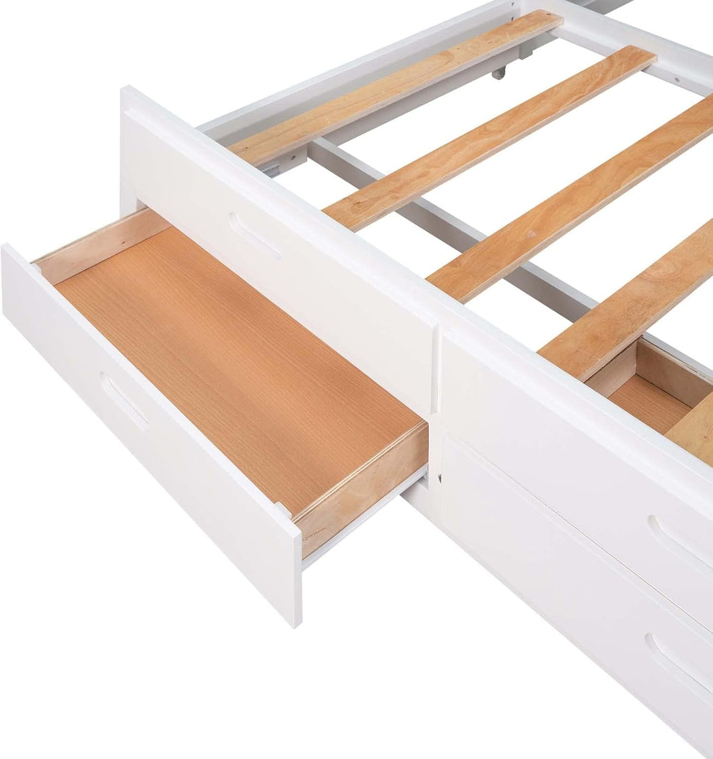 White Queen Size Wood Canopy Platform Bed with Twin Size Trundle Bed and 3 Storage Drawers Z926167