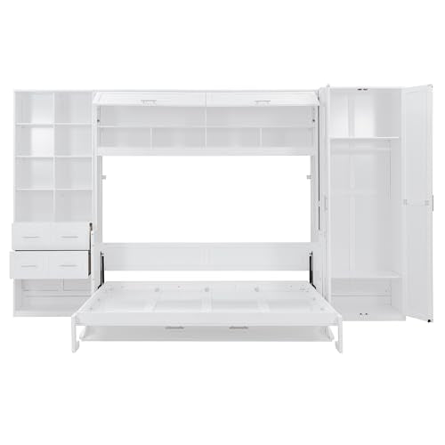 Queen Murphy Bed with Desk, Foldable Queen Wood Wall Bed with Storage Shelves, White B6475