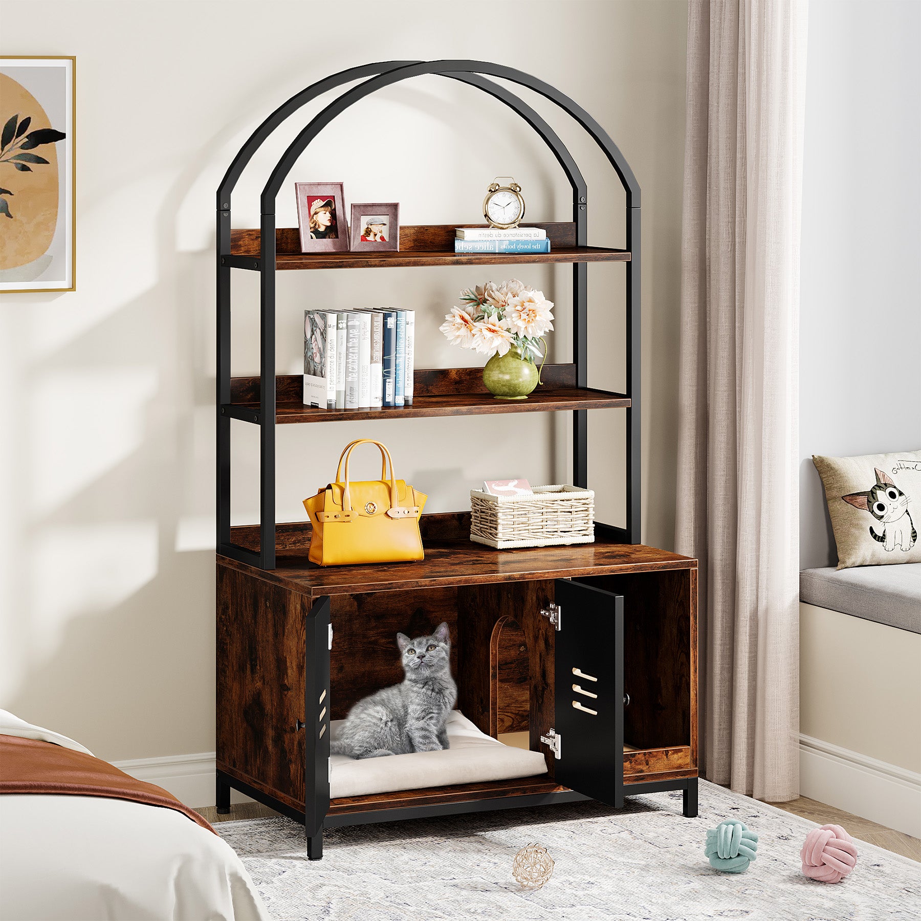 Cat Litter Box Enclosure Furniture with Shelves and Doors X35575