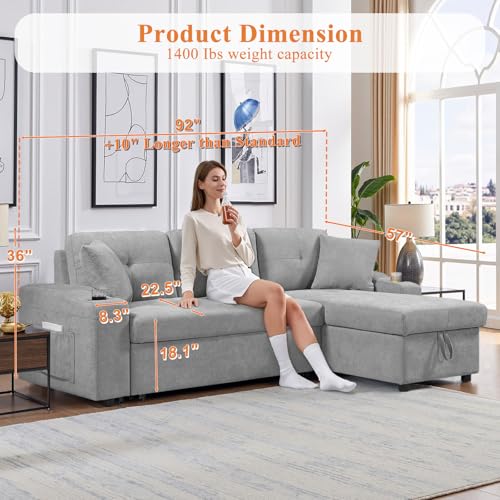 92" Reversible Sleeper Sectional Sofa with Storage Chaise, Light Gray Linen Fabric W176