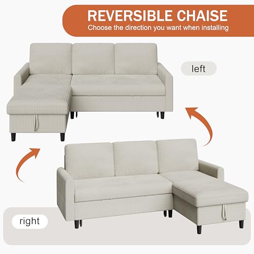 Beige Corduroy L-Shaped Sleeper Sofa with Storage J29785