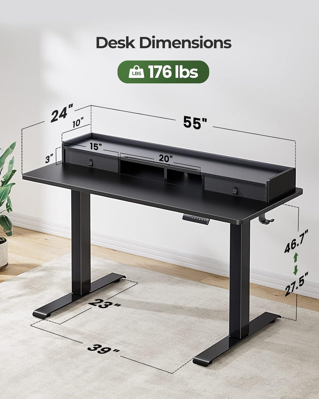 Black 55 x 24 Inches Height Adjustable Electric Standing Desk with Dual Drawers W313