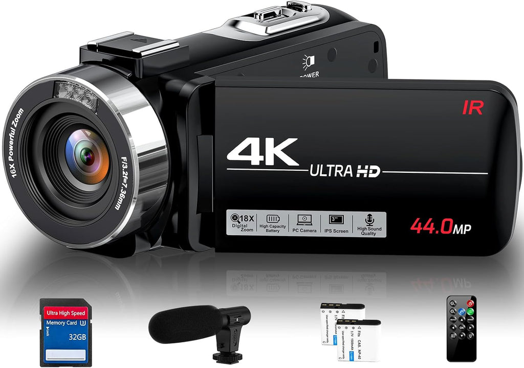 4K 44MP 18X Digital Zoom Camcorder with External Mic V259