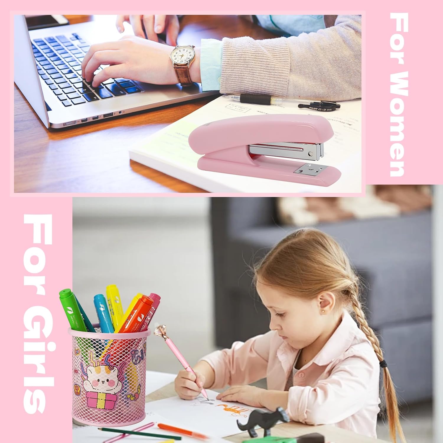 Pink Office Supplies Set with Stapler, Tape Dispenser, Pen Holder, 1000 Staples K26377