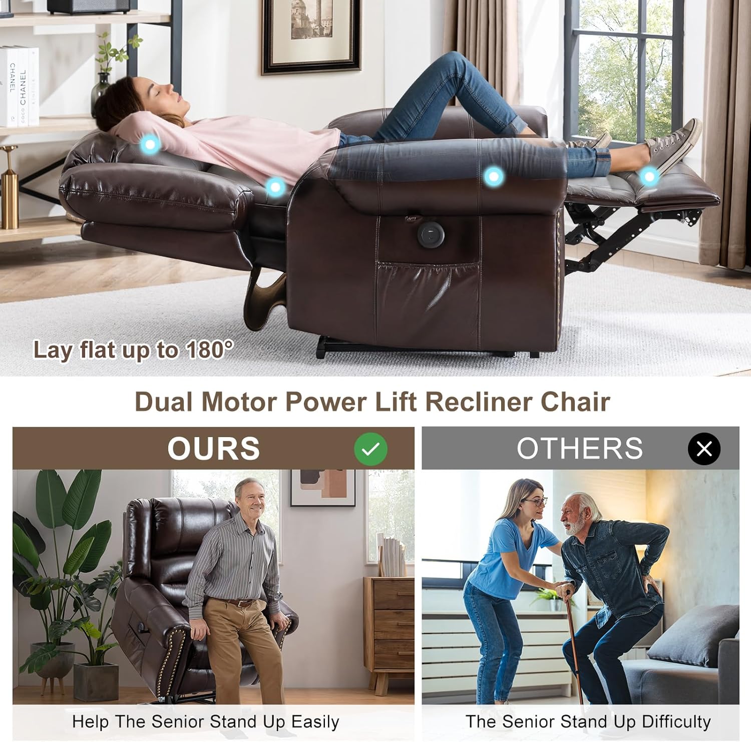 Brown Dual Motor Power Lift Recliner Chair with Massage and Heat Y485576