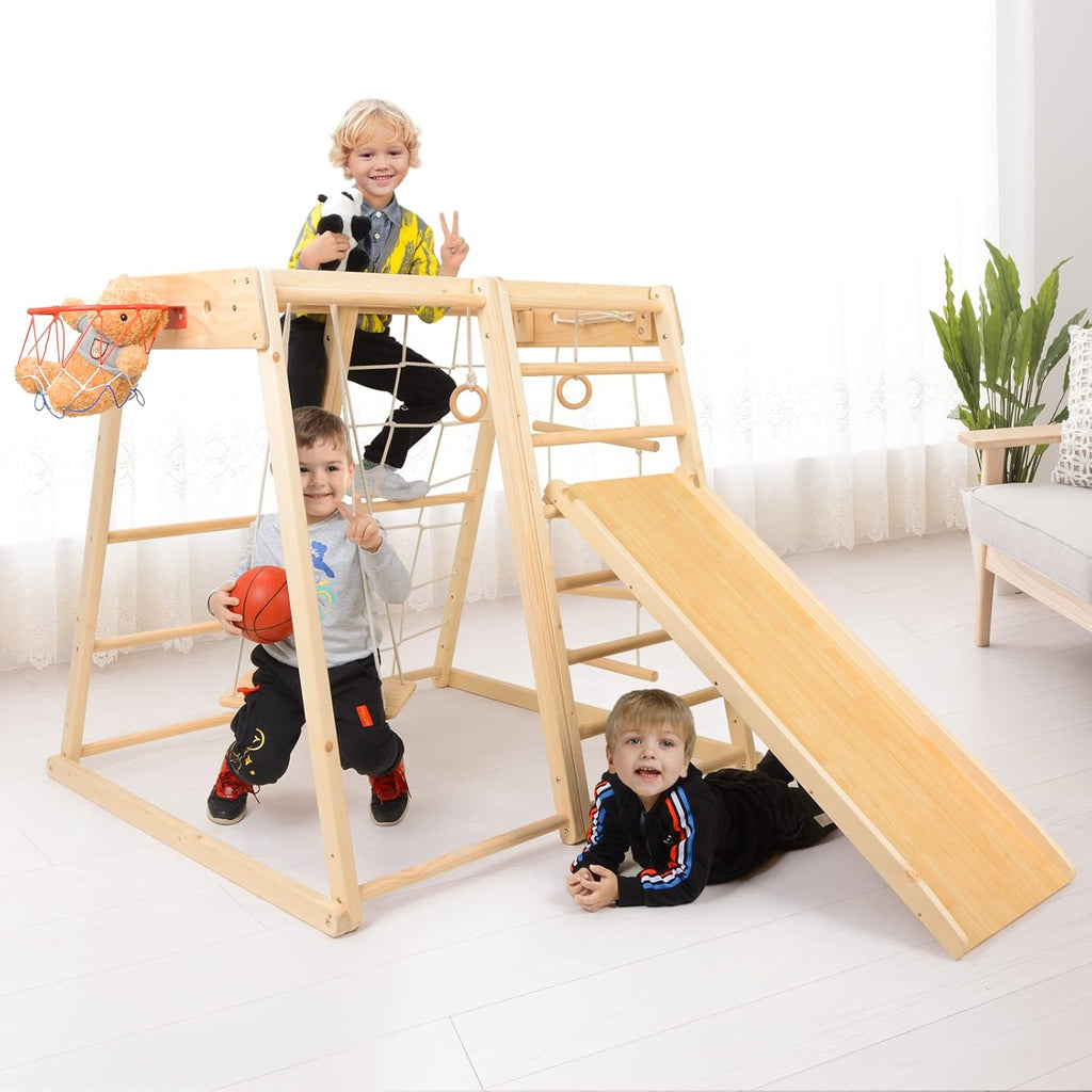 Wood Playset 9-in-1 with Slide, Basketball, Swing, Jungle Gym, Swedish Ladder, Monkey Bars, Rope Ladder, Rock Wall Dome Q7352