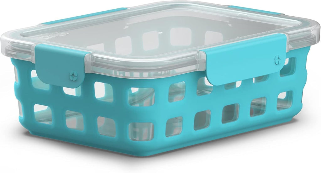 Sky Blue Glass Food Storage Container with Silicone Sleeve and Airtight Lid K4722
