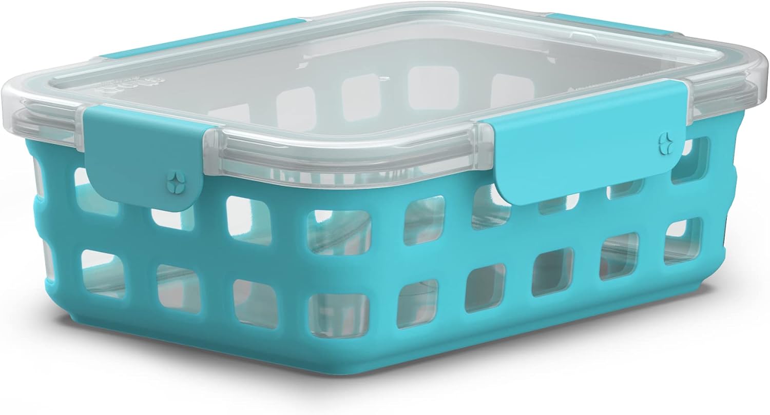 Sky Blue Glass Food Storage Container with Silicone Sleeve and Airtight Lid K4722