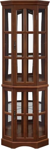 Lighted Corner Curio Cabinet with 4 Adjustable Shelves, Mirrored Back Panel, 4 Tempered Doors, 23.75"×11.75"×70", Cherry H9100