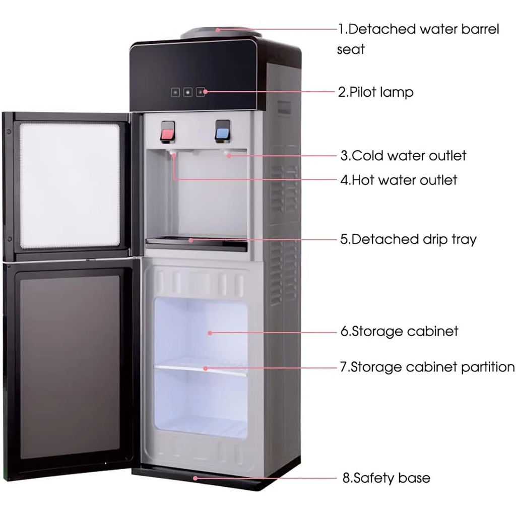 Top-Loading Water Dispenser for 5 Gallon Bottles, Hot & Cold Water Cooler with Storage Cabinet & Glass Door, Gray Y79674