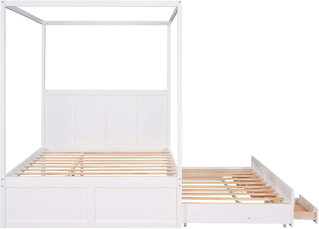 White Queen Size Wood Canopy Platform Bed with Twin Size Trundle Bed and 3 Storage Drawers Z926167