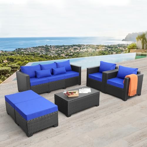 6 Piece HDPE Wicker Patio Conversation Sofa Set with Grey Cushions N65525
