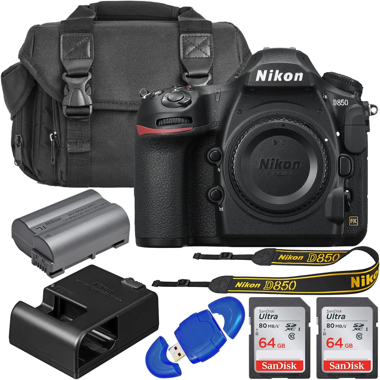 Nikon D850 FX-Format Digital SLR Camera Body with 2X SanDisk 64GB Memory Cards, Deluxe Carrying Bag, Card Reader S8502