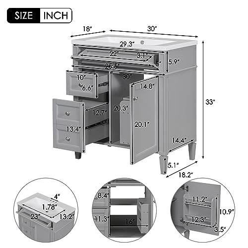 30inch Bathroom Vanity with Sink, 2 Drawers and a Tip-Out Drawer, White B744991