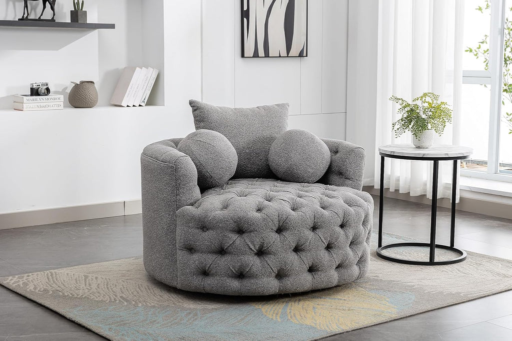 Oversized Chenille Tufted Accent Barrel Chair with 3 Pillows B563569