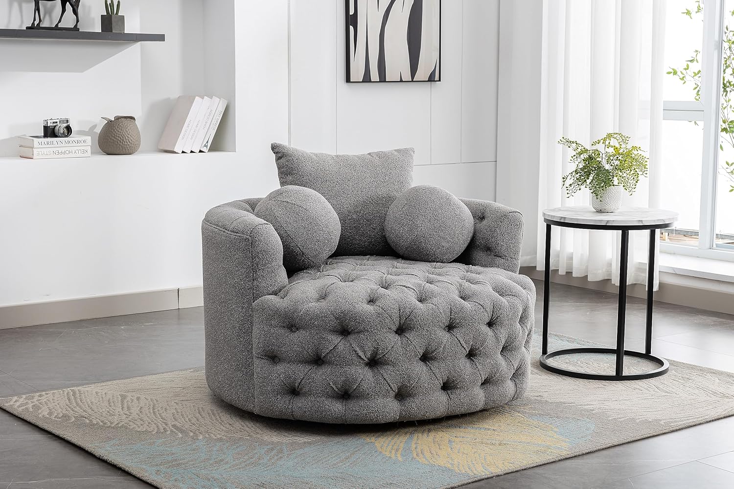 Oversized Chenille Tufted Accent Barrel Chair with 3 Pillows B563569