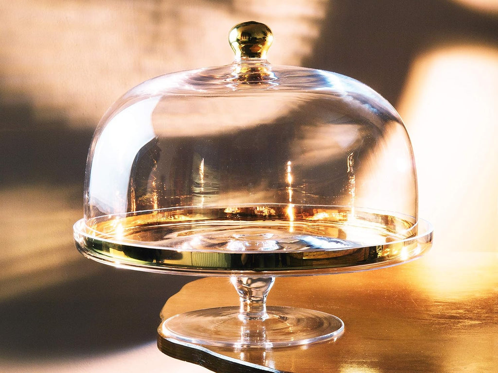 Glass Cake Stand with Dome Gold Rim Gold Knob 11.75" Diameter X108