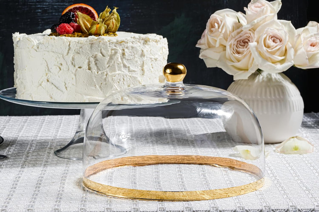 Glass Cake Stand with Dome Gold Rim Gold Knob 11.75" Diameter X108