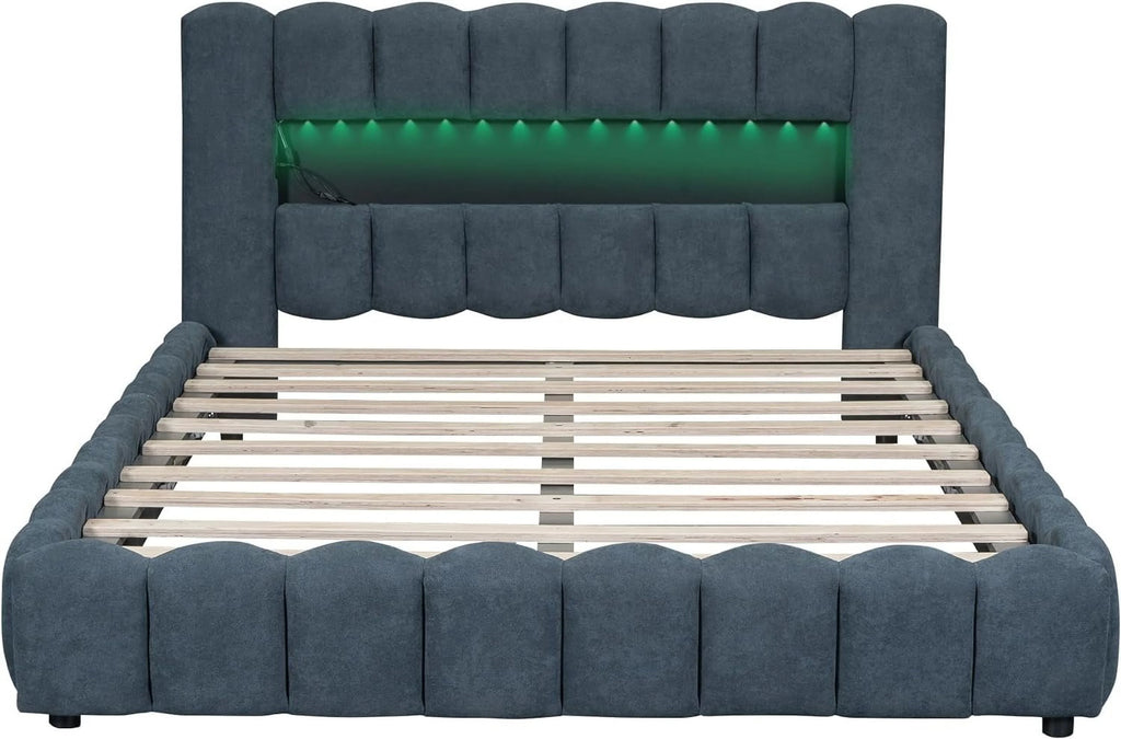 Deep Blue Linen Queen Size Bed with Lift Up Storage Q5927