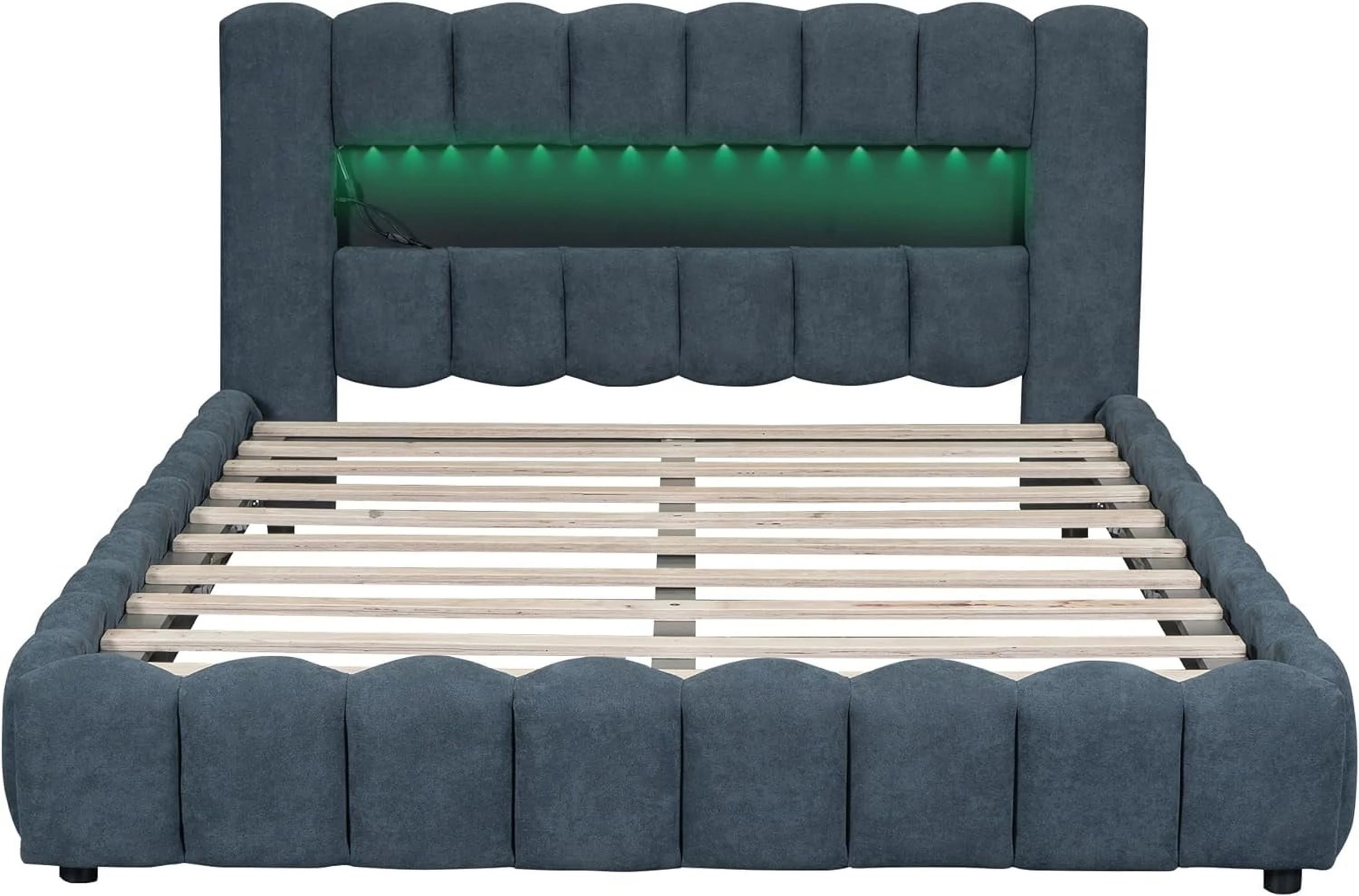 Deep Blue Linen Queen Size Bed with Lift Up Storage Q5927