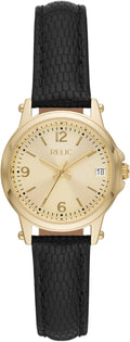 Gold Alloy Metal and Black Leather Band Watch E705954