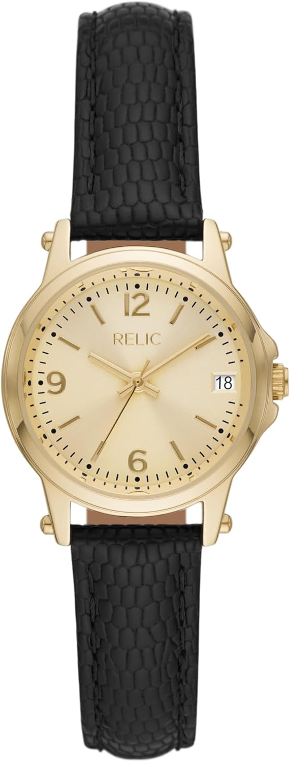 Gold Alloy Metal and Black Leather Band Watch E705954