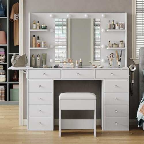 White 11 Drawer Vanity Desk with Lighted Mirror W1800
