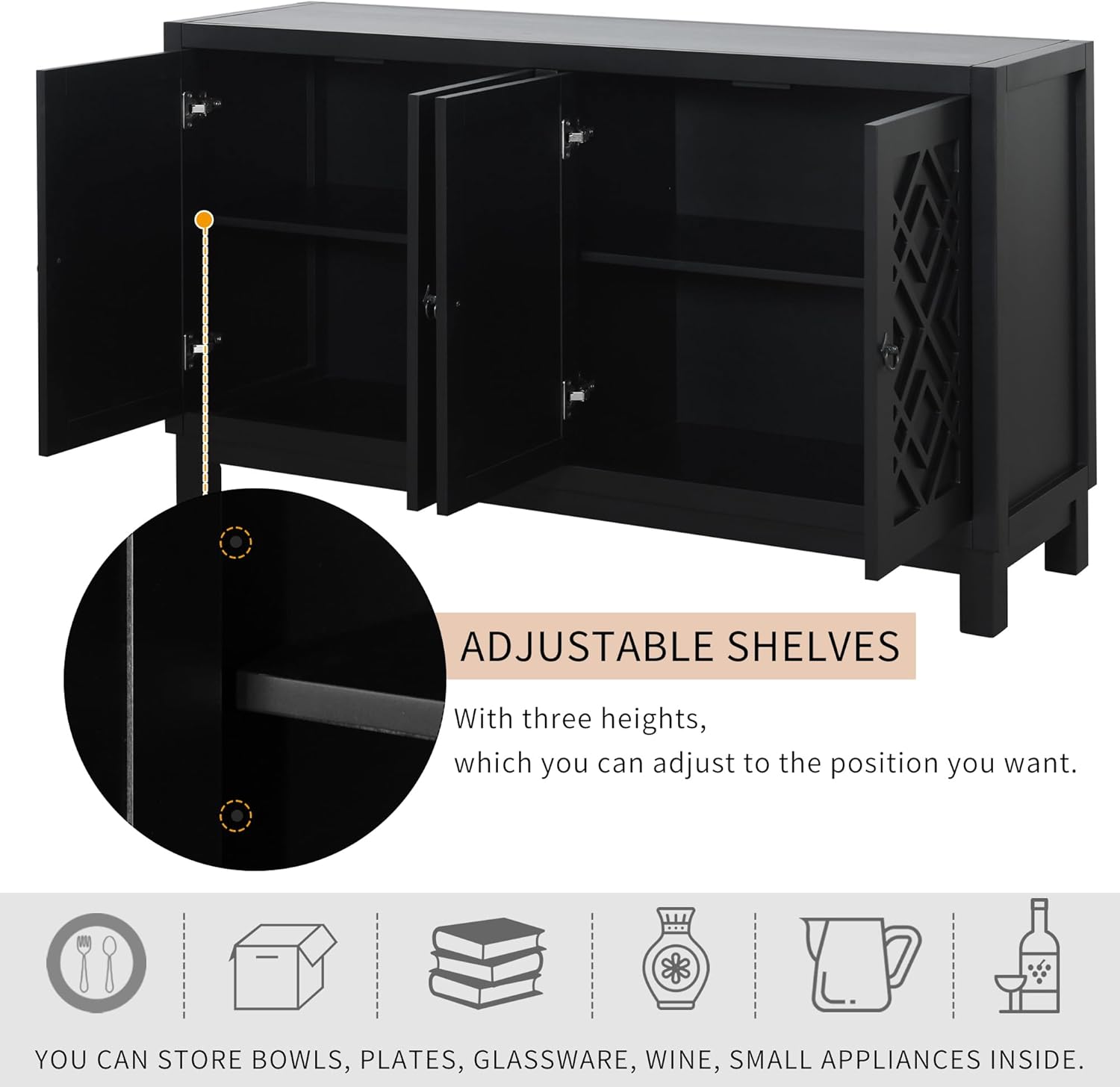 Black 4 Door Storage Cabinet with Pull Ring Handles A86613