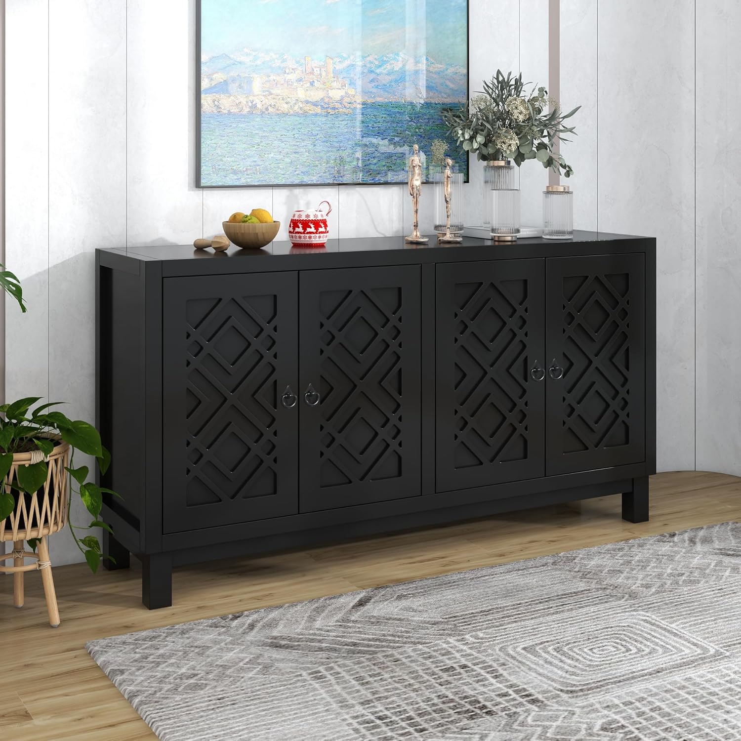 Black 4 Door Storage Cabinet with Pull Ring Handles A86613