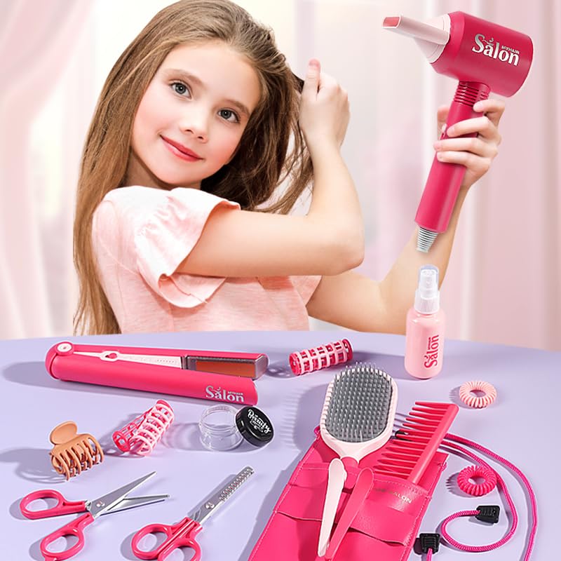 21Pcs Girls Hair Salon Toys with Barber Apron, Hair Dryer, Mirror, Scissors and Styling Accessories B22936