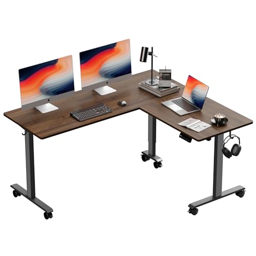 L-Shaped Electric Standing Desk, 63x55 Inch, Walnut, Adjustable Height, Wheeled A362