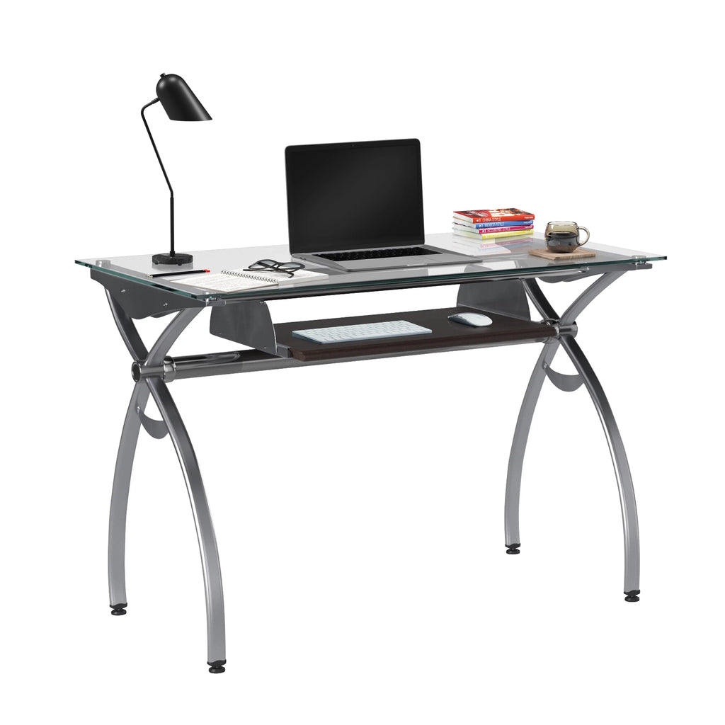 Glass Top Computer Desk with Keyboard Tray & Silver Legs H246