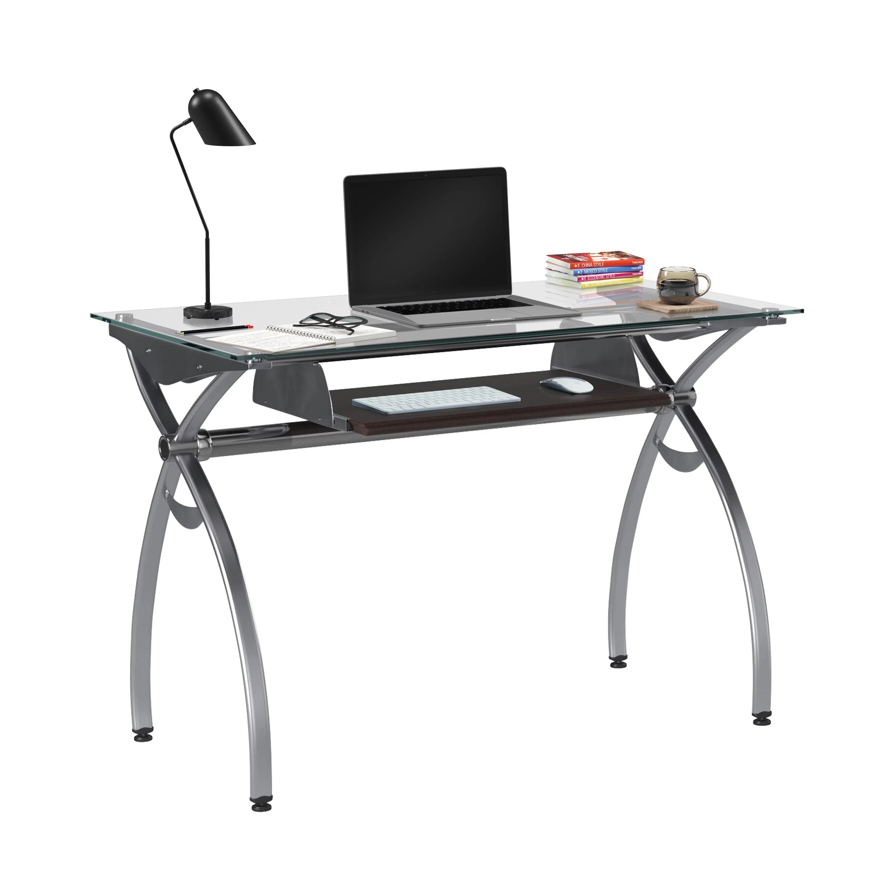 Glass Top Computer Desk with Keyboard Tray & Silver Legs H246
