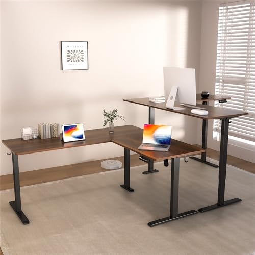 L-Shaped Electric Standing Desk, 63x55 Inch, Walnut, Adjustable Height, Wheeled A362