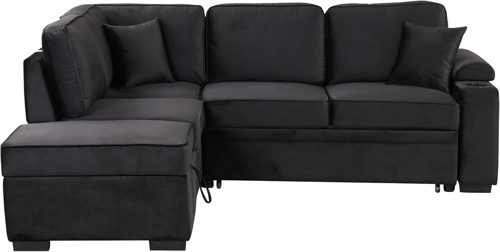 Black 2 in 1 Pull Out L Shape Sleeper Sofa Bed with Storage Ottoman D50902