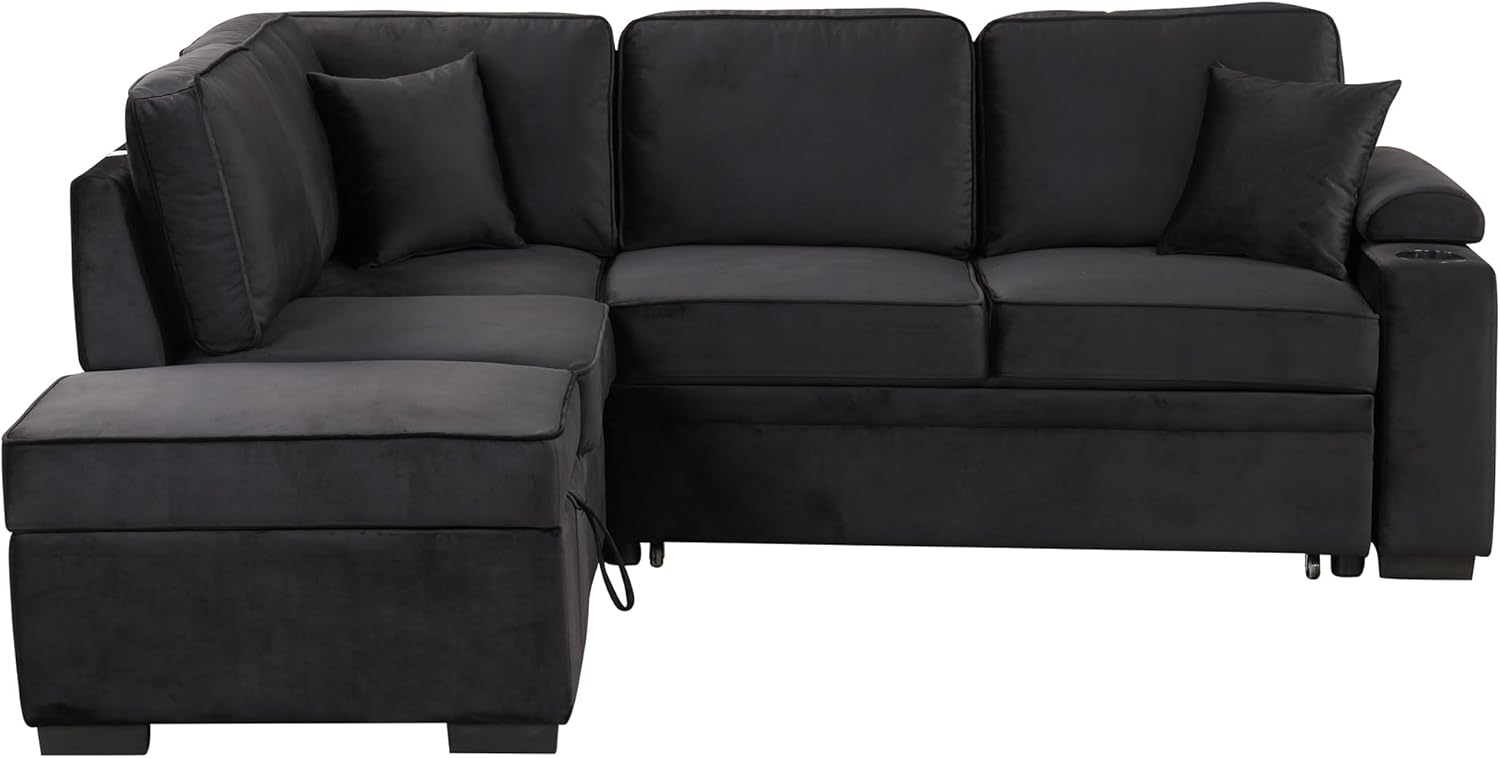 Black 2 in 1 Pull Out L Shape Sleeper Sofa Bed with Storage Ottoman D50902