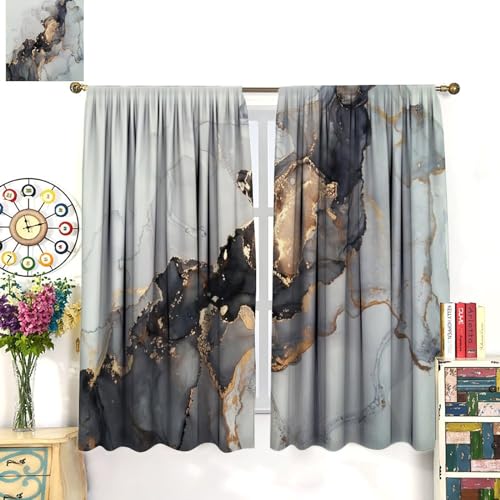 Navy Blue Gold Geometric Marble Curtains, 42x45 Inches Set 2 Panels Q53609
