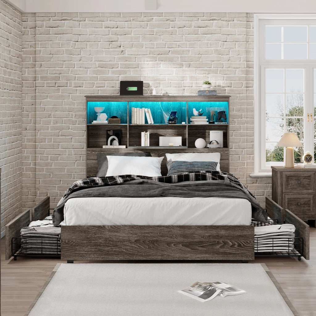 Queen Size Wooden Bed Frame with 4 Drawers T9281