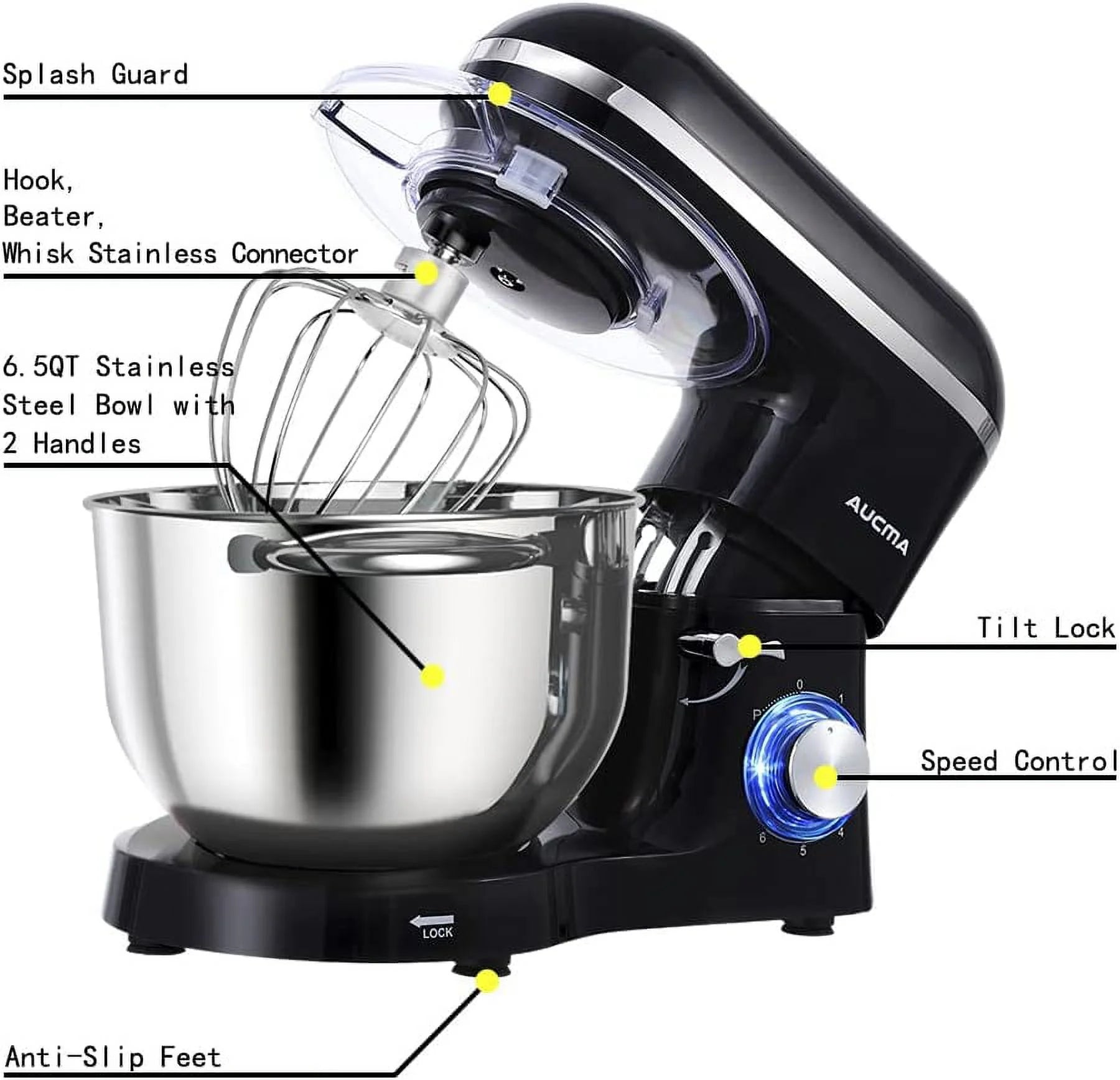 6.5-QT 660W 6-Speed Tilt-Head Stand Mixer with Dough Hook, Wire Whip & Beater Y318