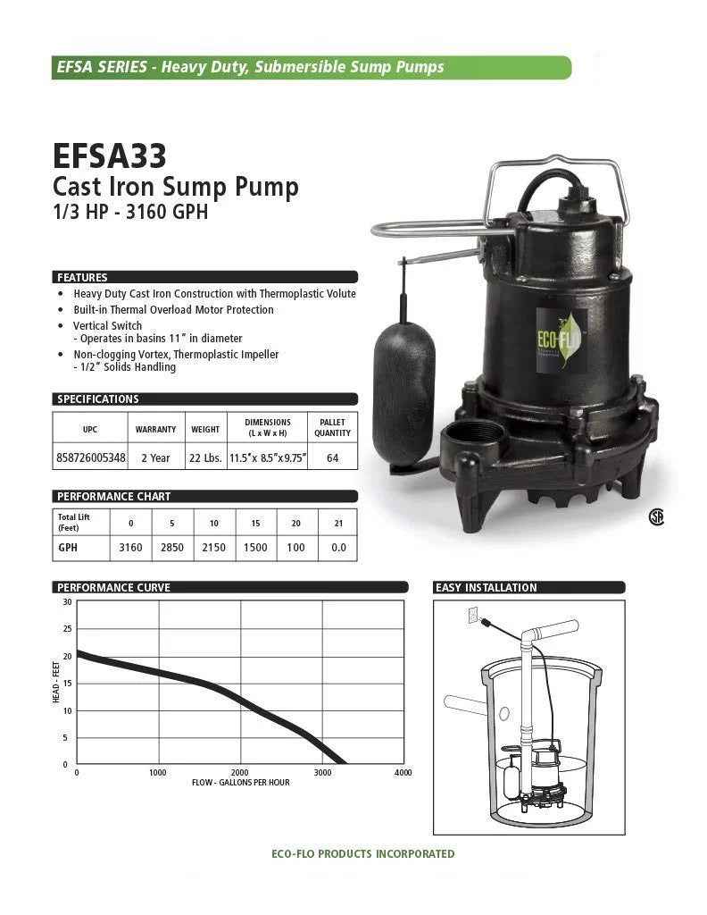 1/3 HP Cast Iron Sump Pump H73790