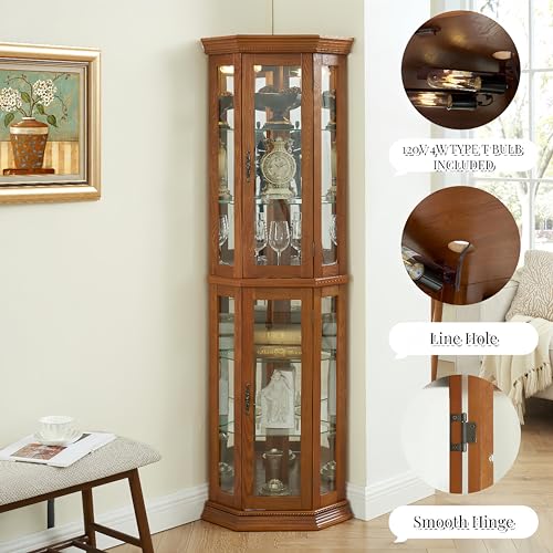Lighted Corner Curio Display Cabinet with Adjustable Shelves & Mirrored Back H96391